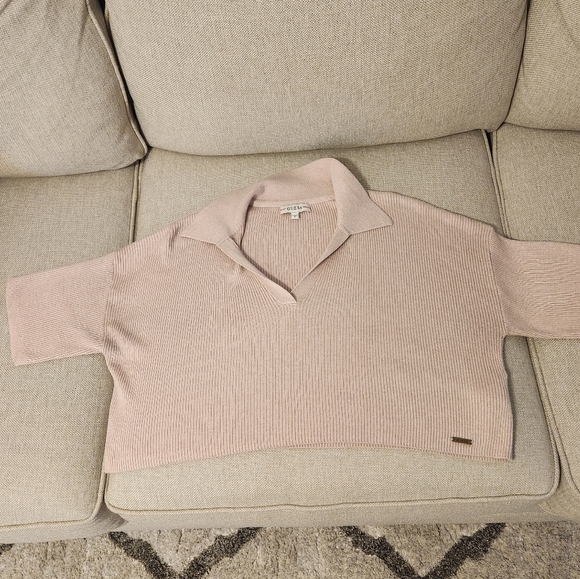 Guess Women's Oversized Cropped Knit Collared Top Size M Pink Lightweight - Picture 7 of 12